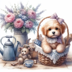 Shabby chique puppy-illustraties 10 high-res aquarel jpg's voor junkjournaling, scrapbooking, kaarten maken, digitale downloadkit