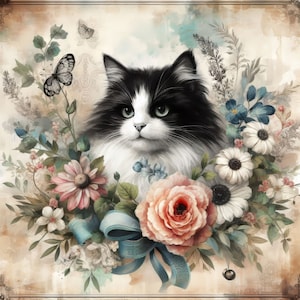 Bianco e nero Tuxedo Cat 10 JPG ad alta risoluzione acquerello per Junk Journaling, Scrapbook, Artigianato, Download digitale