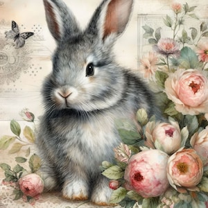 vintage Gray Rabbit Library 10 fichiers JPG aquarelle haute résolution pour la journalisation indésirable, scrapbooking, travaux manuels, téléchargement numérique