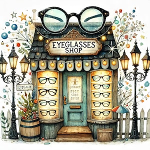 Op de afbeelding: Een aquarel-illustratie van een winkelgevel met een bord waarop "Eyeglasses Shop" staat. De winkelgevel heeft een verscheidenheid aan brillen in de etalages tentoongesteld. De winkelgevel is versierd met lampjes en bloemen.