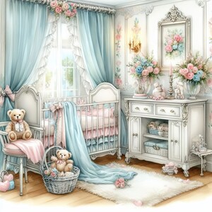 Shabby Chic Baby's Schlafzimmer Clip Art 10 hochauflösende JPGs in Aquarell Farben für Junk Journaling, Scrapbooking, Kartenherstellung, Digital Download Kit Bild 2