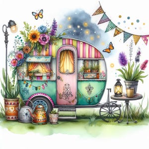 Caravana Boho Clip Art 10 JPG de acuarela de alta resolución Diario basura, Scrapbooking, Creación de tarjetas, Kit de descarga digital, Fantasía, Caprichoso