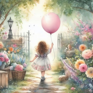 Kleines Mädchen mit Ballon Clip Art Bundle 10 hochauflösende Aquarell JPGs Junk Journaling Scrapbook Handwerk Digitaler Download Kartenherstellung, Fantasie