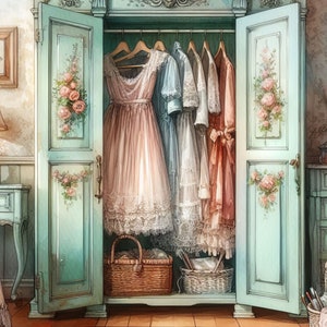 Armadio Shabby Chic: 10 immagini JPG ad acquerello ad alta risoluzione per Junk Journaling, Scrapbooking, Artigianato, Download Digitale
