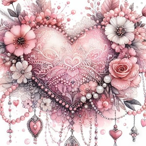 Boho Rosa Herz Clip Art Bundle 10 hochauflösende Aquarell JPGs für Junk Journaling, Scrapbook, Handwerk, digitaler Download