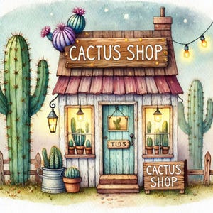 Cactus Shop 10 fichiers JPG aquarelle haute résolution, journal indésirable, scrapbooking, fabrication de cartes, kit de téléchargement numérique, fantastique, fantaisiste