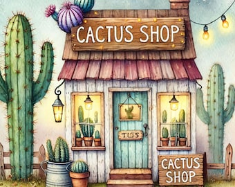 Cactus Shop: 10 High Res Watercolor JPGs, Junk Journaling, Scrapbooking, Card Making, Digital Art, Fantasy, Whimsical