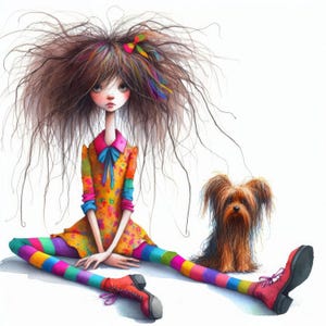 Arte peculiar de una chica con un perro: 10 archivos JPG de acuarela de alta resolución para diarios basura, álbumes de recortes, creación de tarjetas, descarga digital, fantasía, caprichos