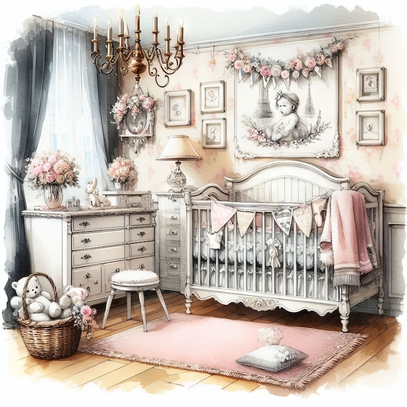 Shabby Chic Baby's Schlafzimmer Clip Art 10 hochauflösende JPGs in Aquarell Farben für Junk Journaling, Scrapbooking, Kartenherstellung, Digital Download Kit Bild 8