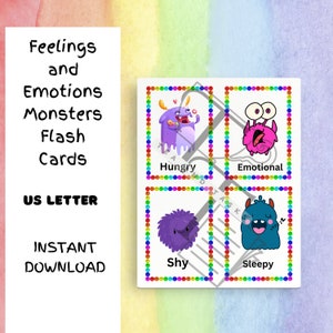 Gevoelens en emoties Monsters Flash Cards voor kinderen, educatief, leermiddelen voor kinderen,