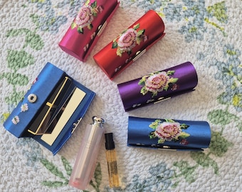 Embroidered Floral Satin Lipstick Case with Mirror: Korean Vintage Style