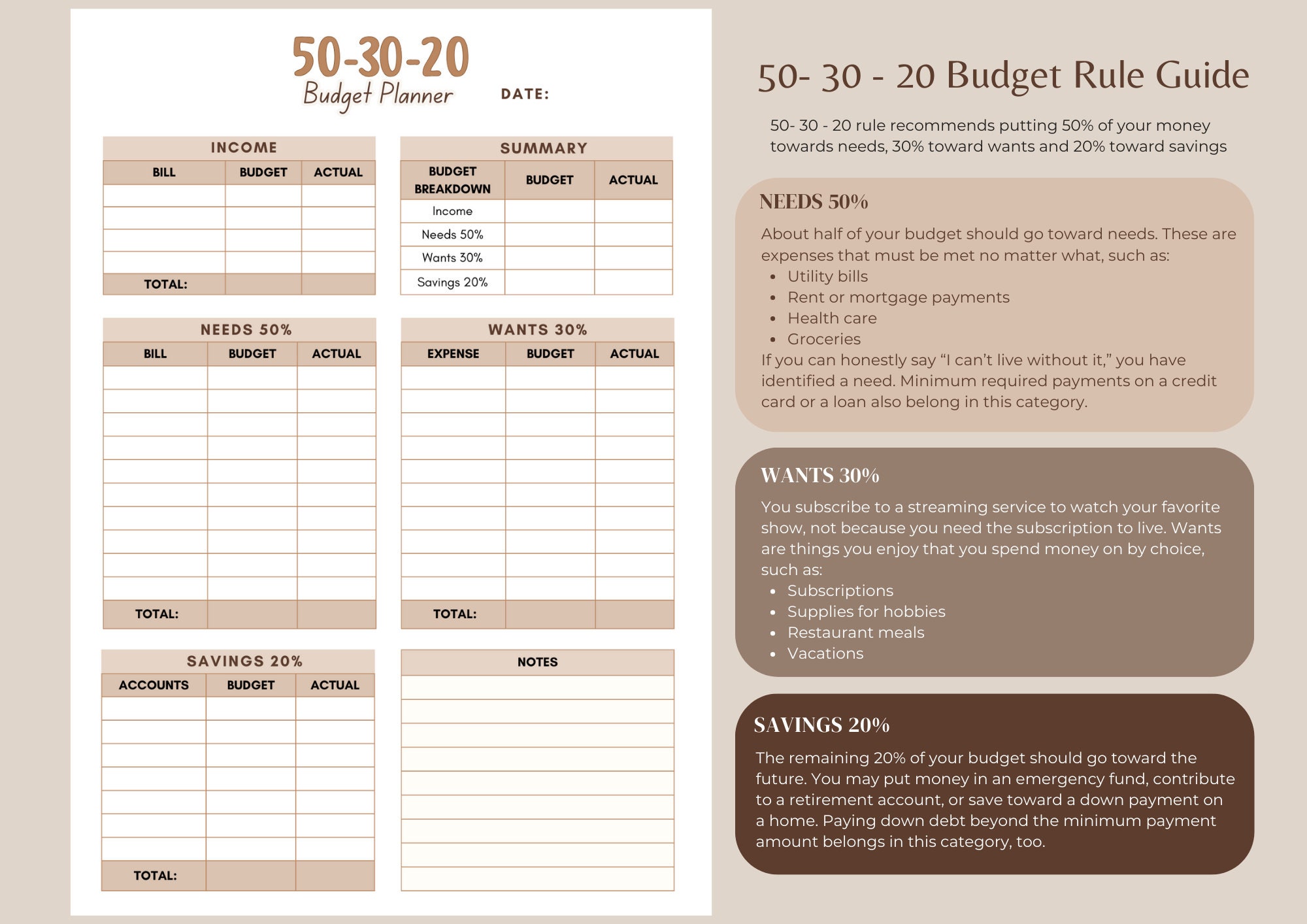 50-30-20 Budget Printable PDF, Budget Sheet in A4 A5 Letter Size ...