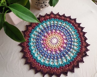 crocheted colourful doily, home decor, cotton, boho accents, table runner, 33cm diameter