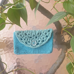 Monedero portatarjetas de crochet, bolso pequeño, billetera, regalo práctico, lindo accesorio, verde agua y turquesa, botón de flor