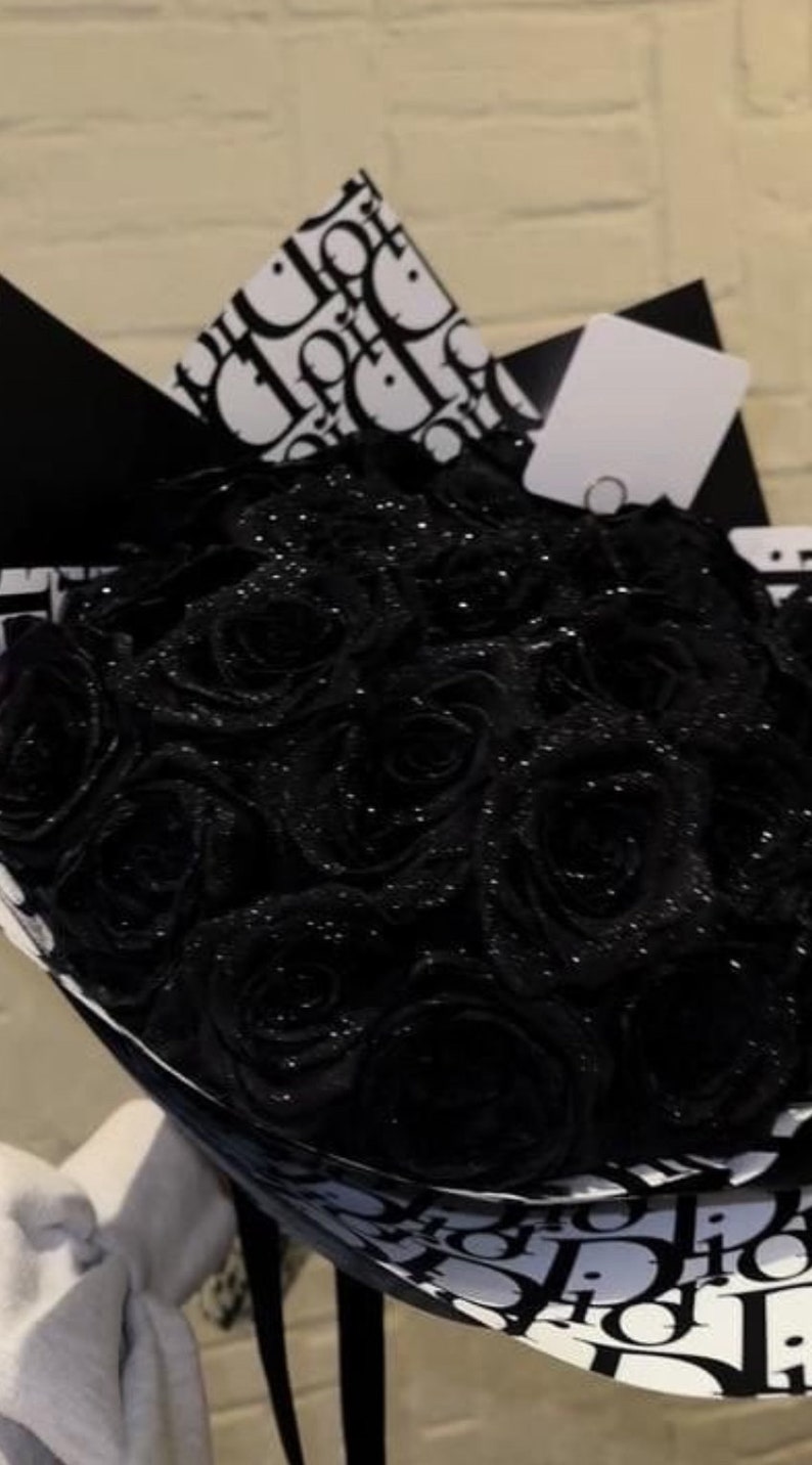 Luxury Artificial Wedding Bouquet Black Glitter Roses, Diamantés and