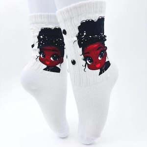 Bling Cartoon Girl Socks 2-4yrs | Cute Afro Puff Graphic Socks | Rhinestone White Socks for Women | Streetwear Style Socks