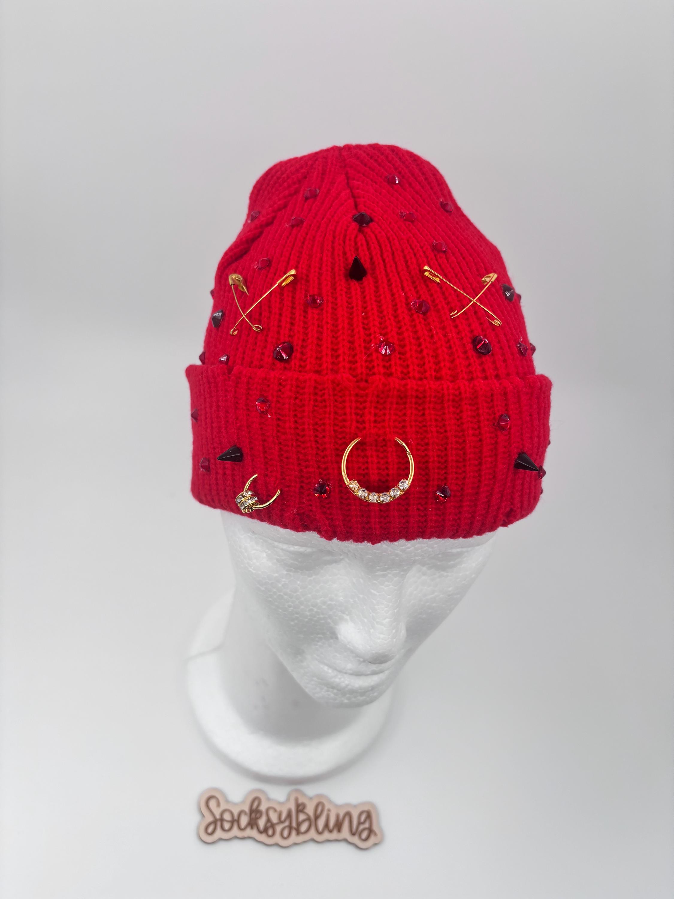 Colorful Rhinestone Beanie| Distressed fisherman Beanie| Glam Junk hat Red Bling Beanie| Distressed Embellished Fisherman Beanie  main image 2