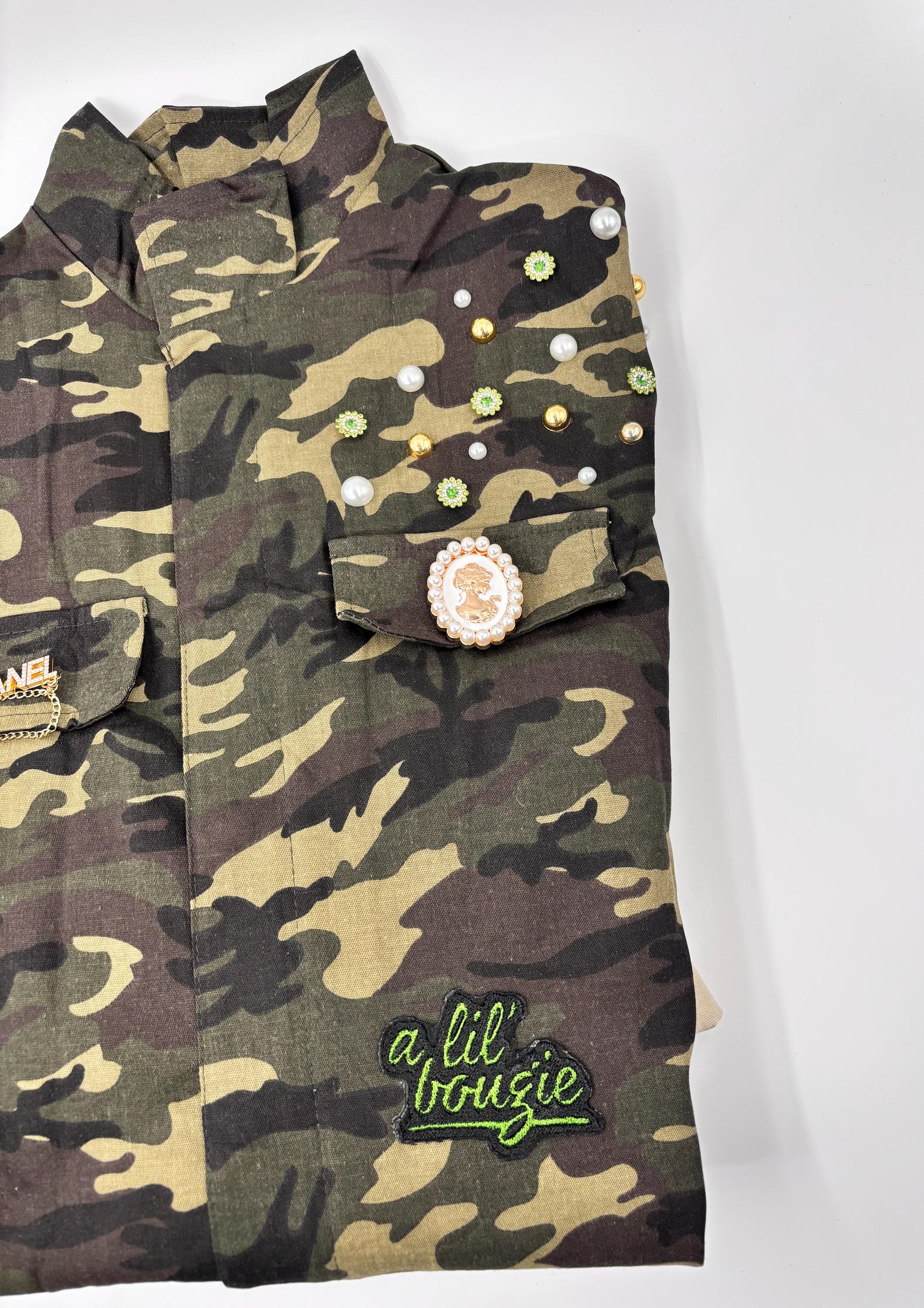 Camo Jewel-Trim custom @blingqueendee designer GBCap with Green/Beige Army Camo Camo Jacket Refurbished with Teal Sequins – Leopard Grove main image 2