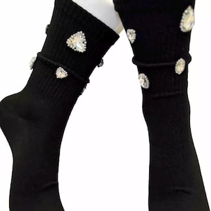 Chunky Gems Black Socks 6-10, Gems, Rhinestones| Hand-Sewn Bling Statement Socks