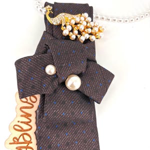Necklace Tie With Blue Pin Dots |  Pearl Accessory | Hand-Sewn Knot| Octopus Brooch Tie| New Necktie