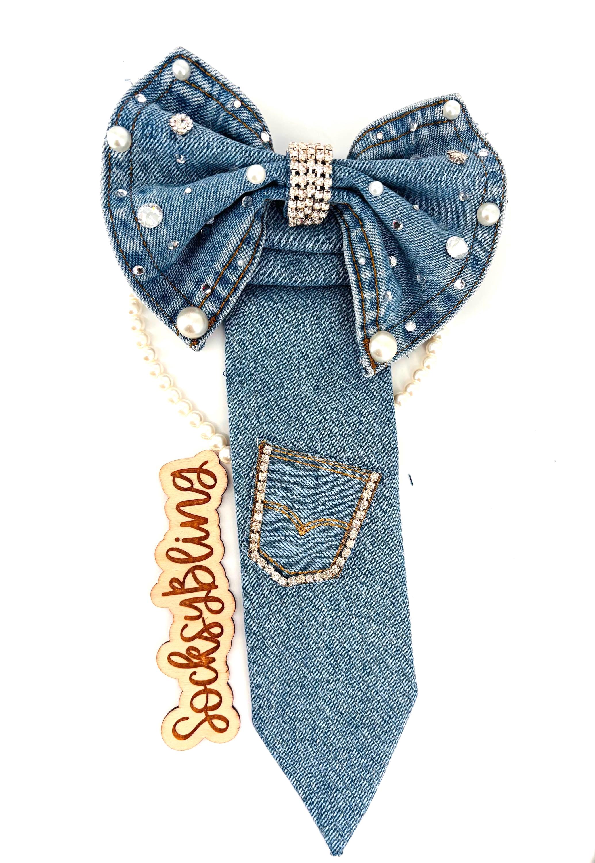 Pearl & Gold Accent Denim Junk Tie Full Glam Denim Junk Tie With Branding & Pearl Necklace  main image 3