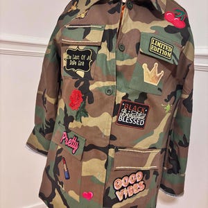 Military Chic meets Glam: Camo Patch Jacket with Shimmering Rhinestones| Bling and Patches