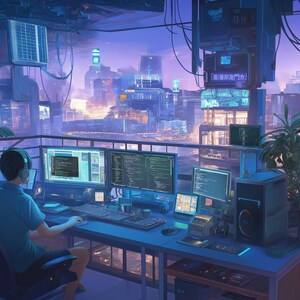 Puede incluir: Una persona se sienta en un escritorio frente a varios monitores de computadora, con vista a un horizonte urbano futurista fuera de la ventana. El escritorio está lleno de equipos informáticos y accesorios.