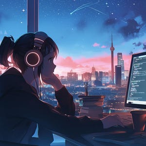 Könnte beinhalten: Eine junge Person mit Kopfhörern sitzt an einem Schreibtisch vor einem Computermonitor, auf dem Code angezeigt wird. Die Person schaut aus dem Fenster auf eine Skyline mit einem rosa und violetten Sonnenuntergang.
