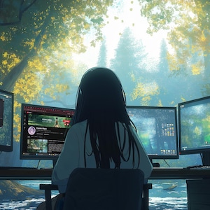 Può includere: Una persona è seduta davanti a un computer con più monitor che mostrano codice e altri contenuti. La persona è rivolta verso una finestra con vista su una lussureggiante foresta verde.