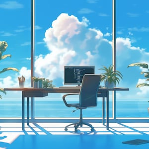 Puede incluir: Una oficina en casa con un escritorio, una silla y una computadora frente a una ventana grande con vista al océano y al cielo. Hay plantas en el escritorio y en la habitación.