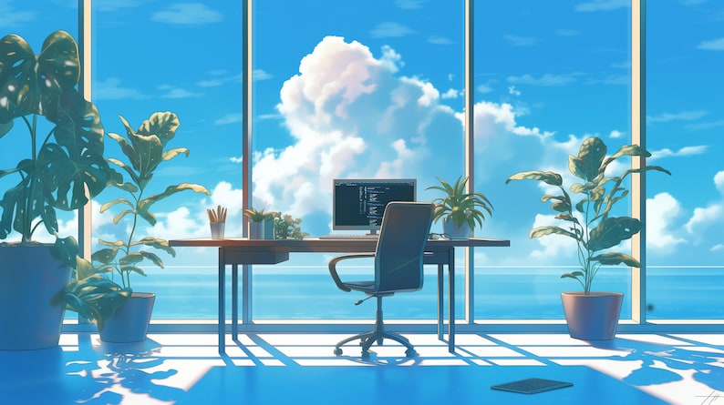 K&ouml;nnte beinhalten: Ein Heimb&uuml;ro mit einem Schreibtisch, einem Stuhl und einem Computer vor einem gro&szlig;en Fenster mit Blick auf das Meer und den Himmel. Es gibt Pflanzen auf dem Schreibtisch und im Raum.