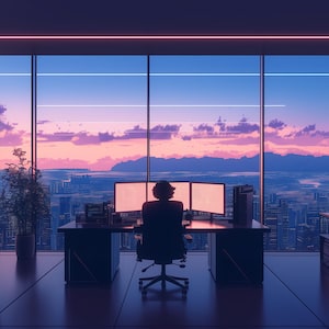 Może przedstawiać: Osoba siedzi przy biurku przed dwoma monitorami komputerowymi, patrząc przez duże okno na panoramę miasta i zachód słońca. Biurko znajduje się w nowoczesnym biurze z regałem na książki i drugim biurkiem w tle.