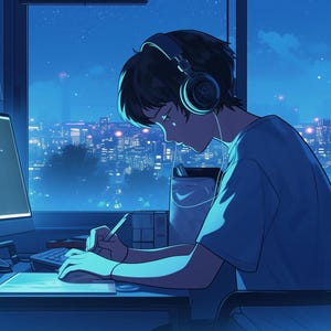 Könnte beinhalten: Eine Person mit Kopfhörern sitzt an einem Schreibtisch vor einem Computer und arbeitet an einem Zeichentablett. Die Person schaut auf das Tablett, und die Lichter der Stadt sind durch das Fenster hinter ihr sichtbar.