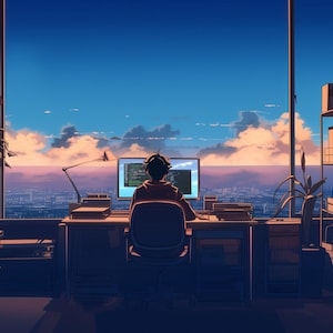 May include: A person sits at a desk in front of a computer with a city skyline view out of the window. The person is wearing headphones and is looking at the computer screen. The desk is made of wood and has a lamp on it. There are plants on the desk and a bookshelf in the background.