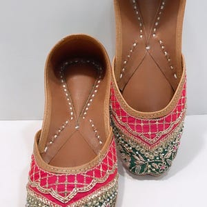 Hand Embroidered Punjabi Jutti: Traditional Khussa Bridal Shoes Green + Hot Pink