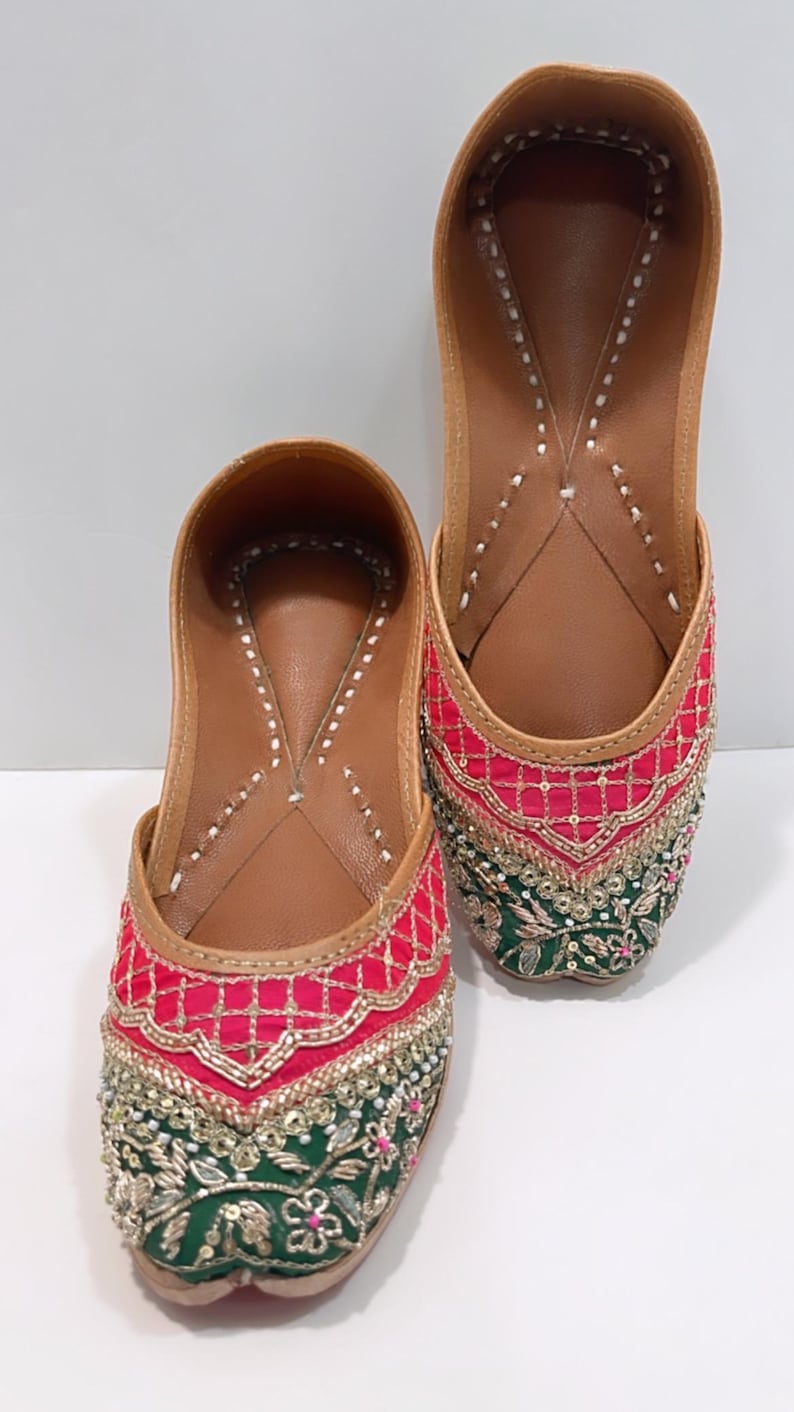 Hand Embroidered Punjabi Jutti: Traditional Khussa Bridal Shoes Green + Hot Pink
