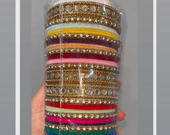 Multi Color Velvet Bangles Set, Bollywood Style Jaggo Jewelry (Size 2.12)
