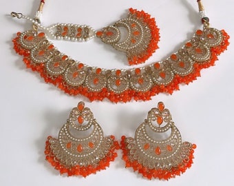 Polki Necklace Set: Brass Earrings & Tikka