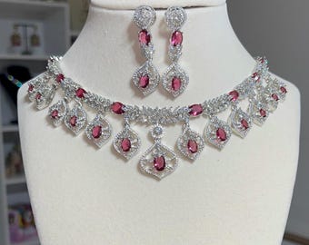 American Diamond CZ Bridal Jewelry Set: Silver Tone Necklace Earrings, Pink Ruby Indian Style