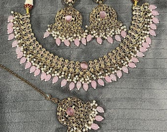 Polki Necklace, Earrings, and Tikka Set: Indian Fashion Jewelry