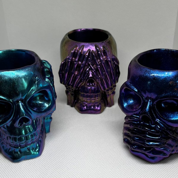 Hear no evil, speak no evil, see no evil. Chromatic colors small resin flower pots/holders. Set of three.