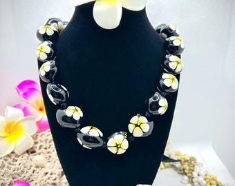 Elegant Black Kukui Nut Lei with Plumeria