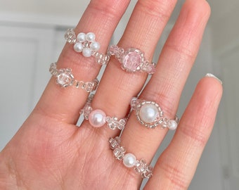 silver crystal and pearl beaded rings, stackable, feminine, coquette, flower, cherry blossom