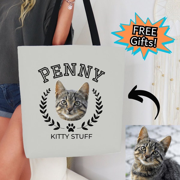 Personalized Cat Photo Tote Bag Custom Pet Face Picture Shoulder Purse Reusable Carrier Sack All Over Print Gray Bookbag Handbag