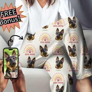 Custom Dog Photo Pajama Pants Personalized Pet Name and Face Picture Sleepwear Dog Mom Gift for Pet Lover Ivory and Rainbow Loungewear
