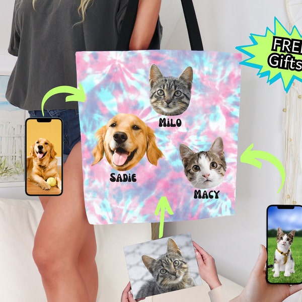 Custom Pet Photo Tote Bag Personalized Pet Face Picture Shoulder Purse Reusable Carrier All Over Print Tie Dye Handbag Bookbag Sack