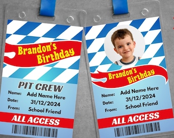 Editable Toy Car Race ID Badge Template, Printable Cars Birthday ID VIP Pass, Custom Race Car Pit Crew Tag Party Supplies, Canva template.