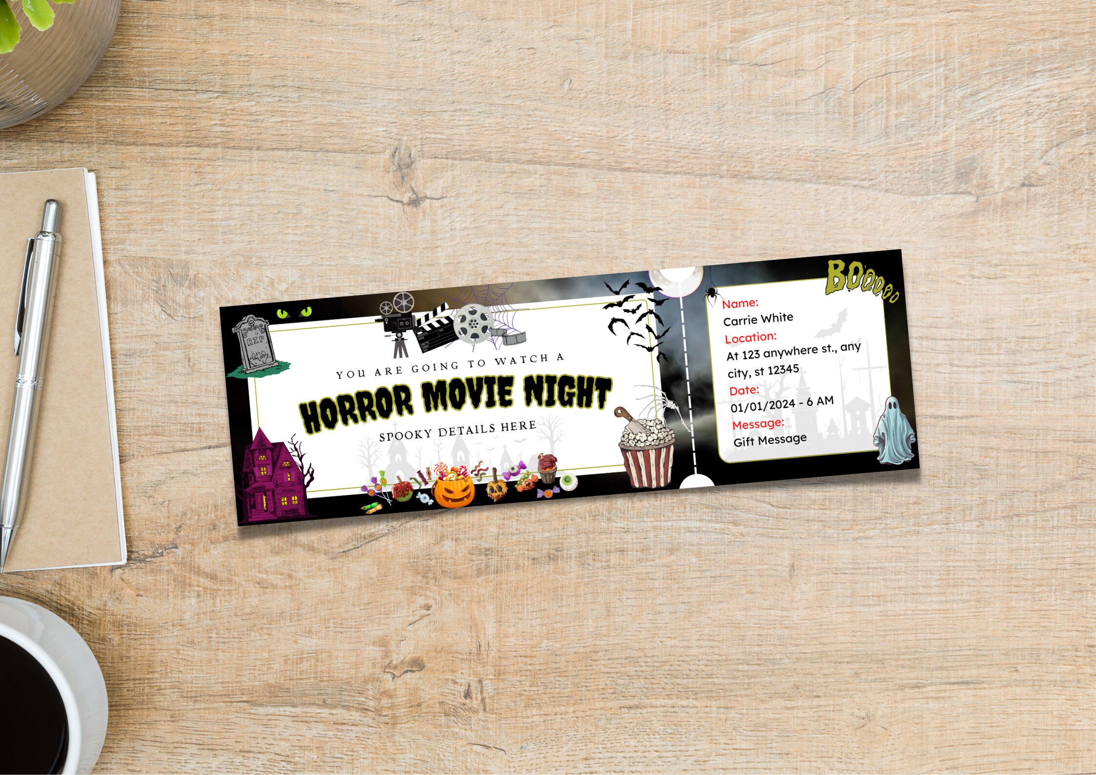 Horror Movie Night Ticket Template, Spooky Halloween Invitation (canva ...