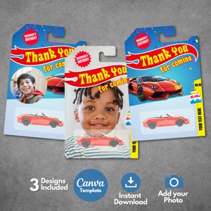 Modelo de etiqueta de agradecimento para embalagem de carro de brinquedo editável, etiqueta de lembrança de aniversário para carro para impressão, etiqueta de carro de corrida personalizada para festa, modelo Canva.