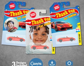 Editable Toy Car Packaging Thank you Tag Template, Printable Car Birthday Favor Tag, Custom Race Car Tag Party Supplies, Canva template.